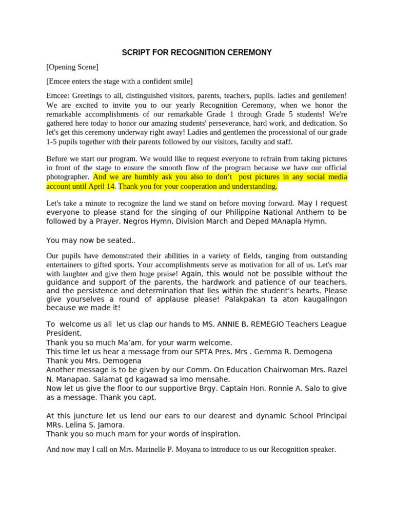 Script For Recognition Ceremony | PDF