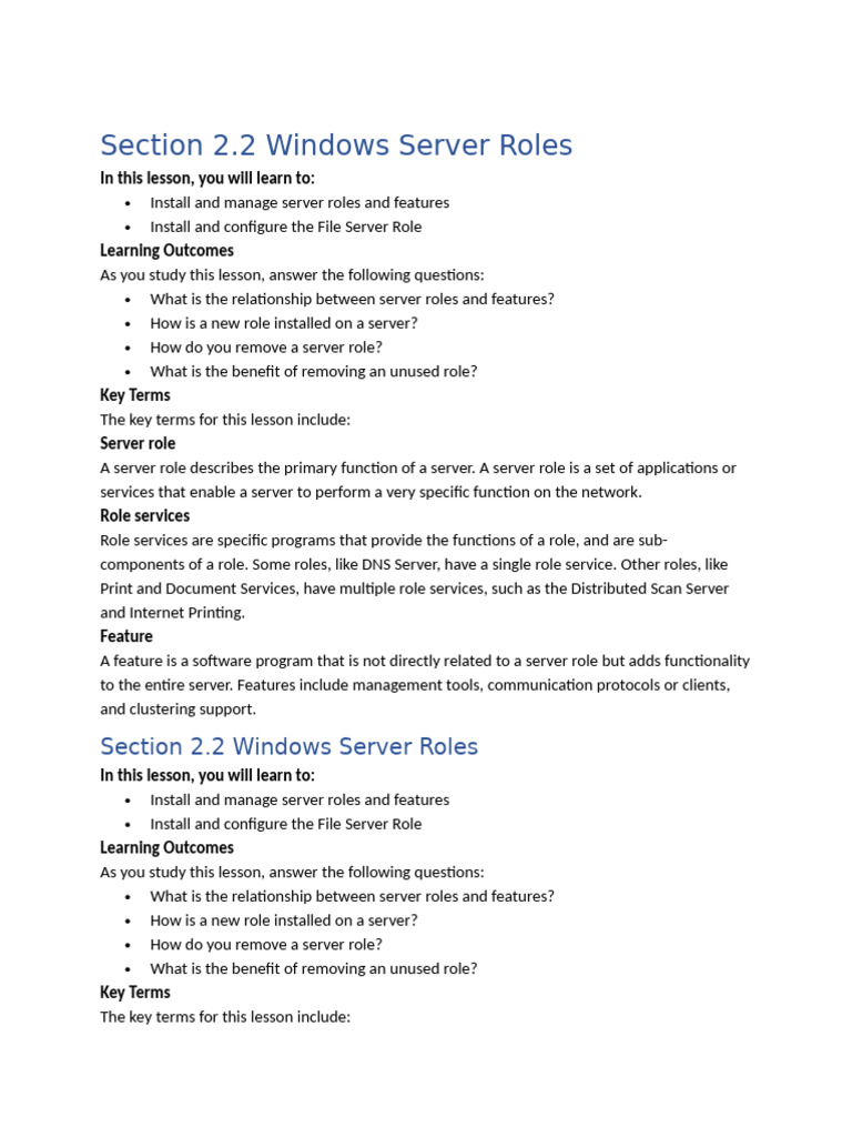 Section 2.2 Windows Server Roles | PDF | Active Directory | Server ...