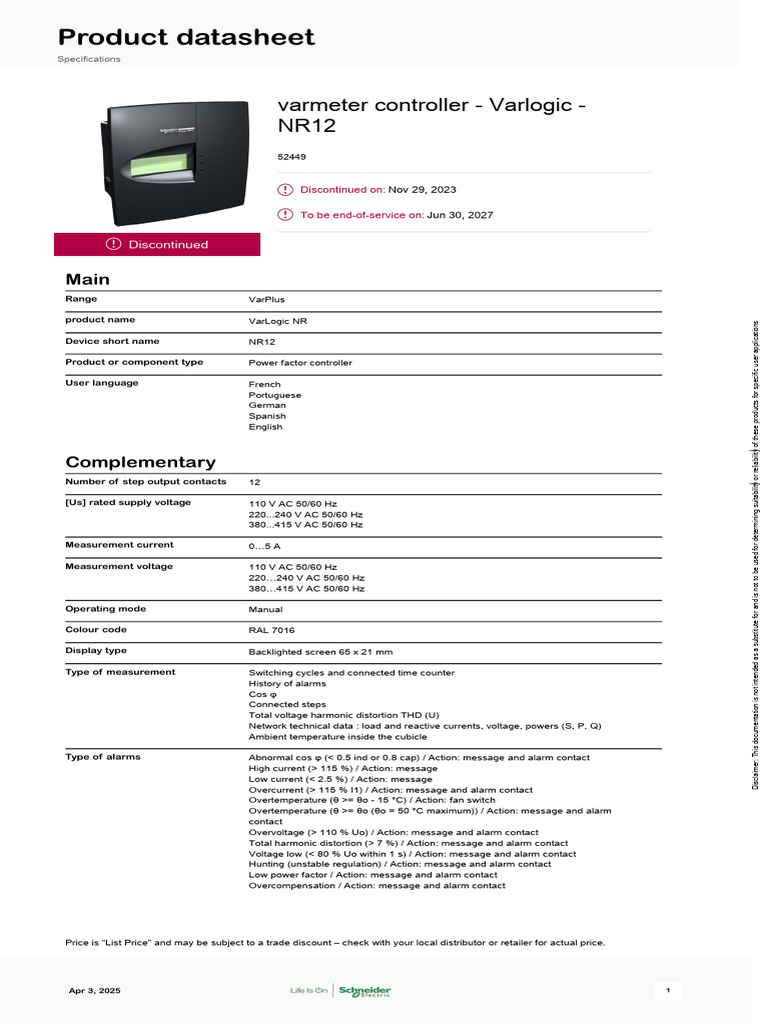 Schneider Electric - Varlogic-NR - 52449 | PDF | Alternating Current ...
