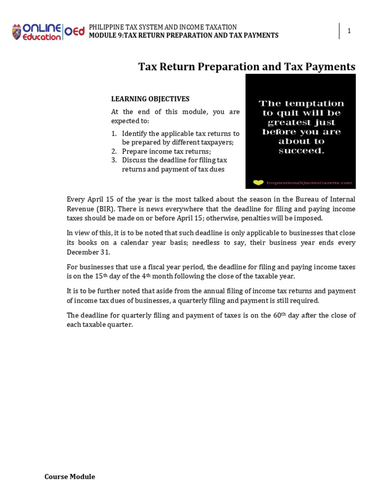 Module 9 - Tax Return Preparation and Tax Payments | PDF | Taxes ...