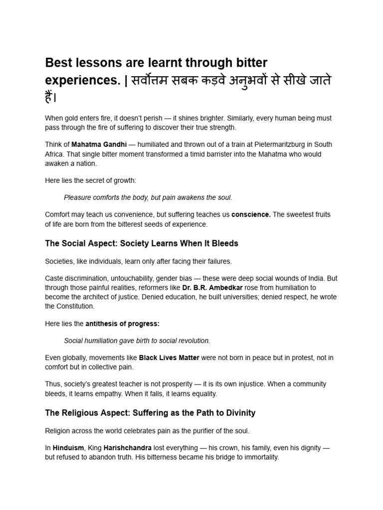 Best Lessons Are Learnt Through Bitter Experiences | PDF | Mahatma ...