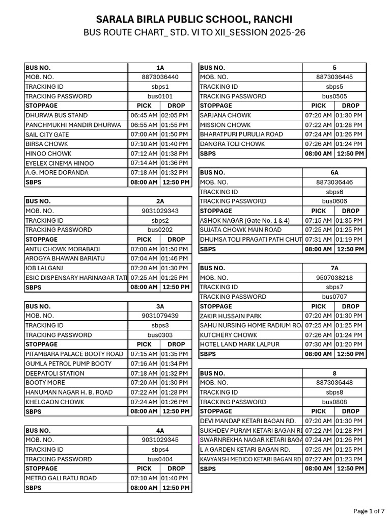 Sr. VI To XII Bus Route Chart | PDF