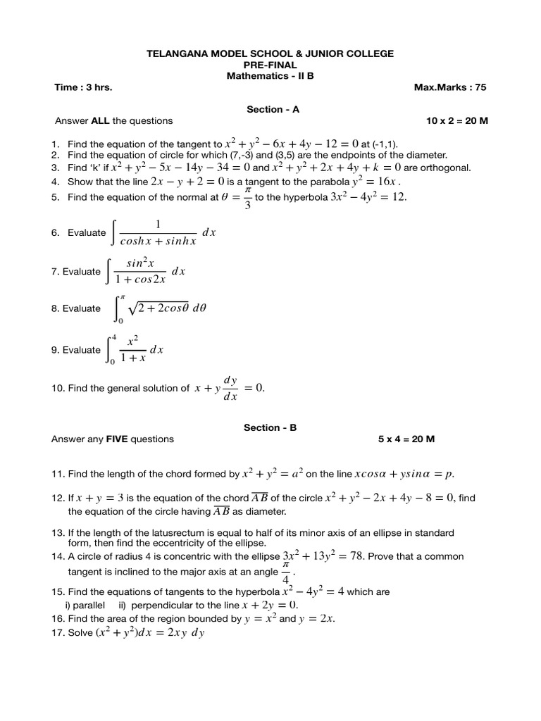 Maths 2B Prefinal Question Paper 2025-26 | PDF