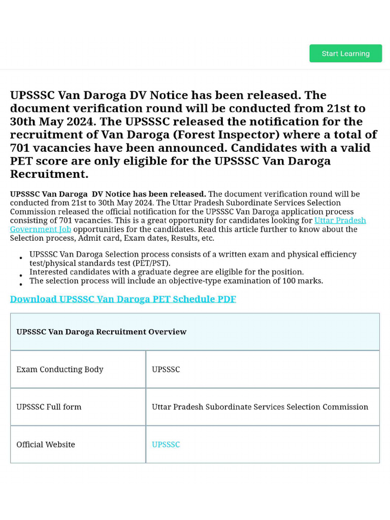 UPSSSC Van Daroga Recruitment 2023-24exam Info | PDF