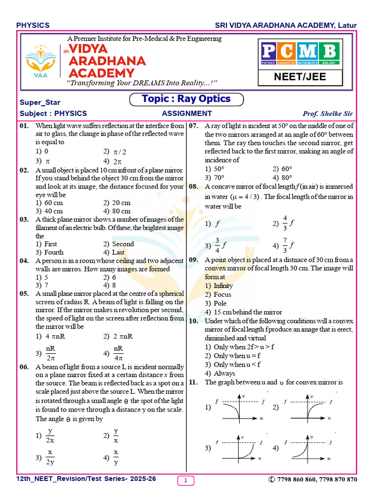 Topic: Ray Optics: Neet/Jee | PDF | Mirror | Applied And ...