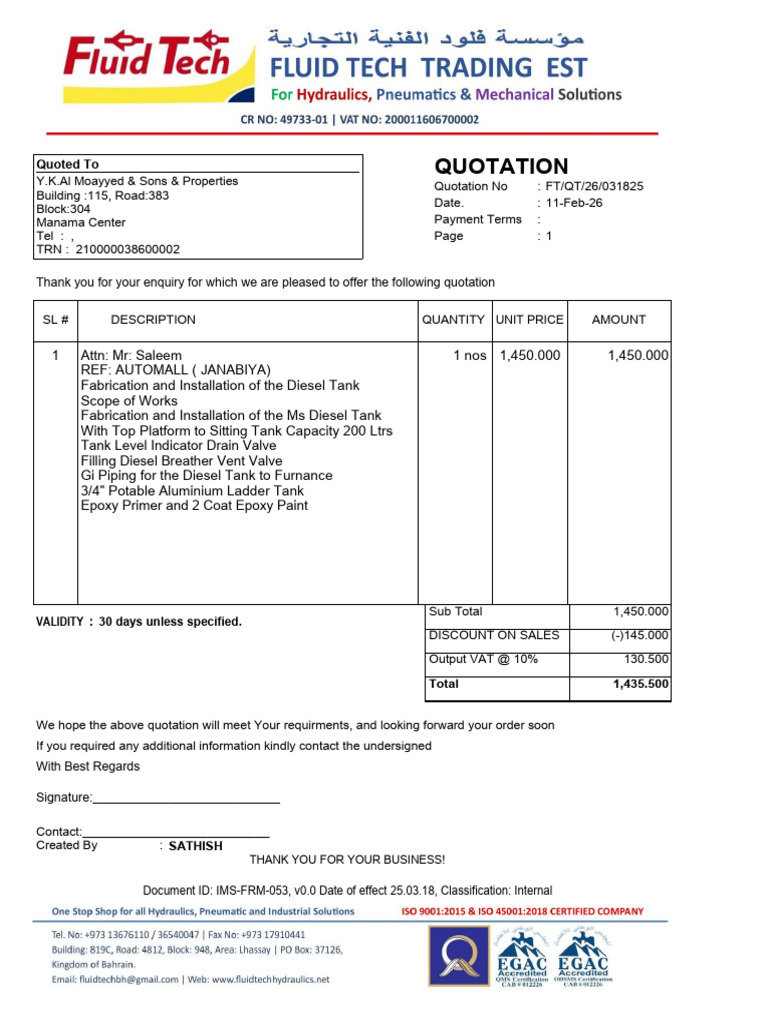 Quotation: Thank You For Your Enquiry For Which We Are Pleased To Offer ...