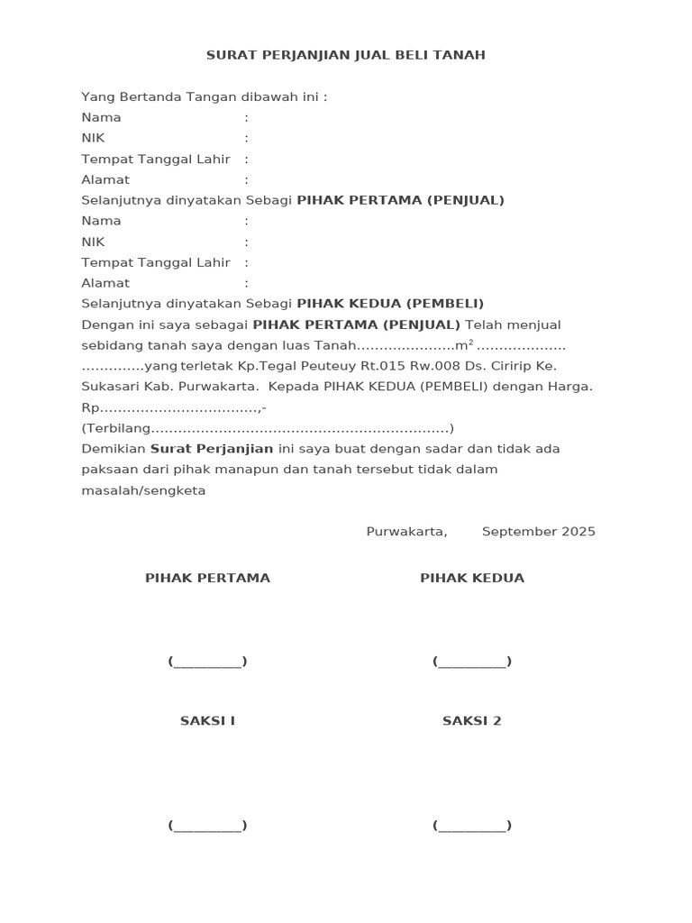 Surat Perjanjian Pengikatan Jual Beli Tanah | PDF