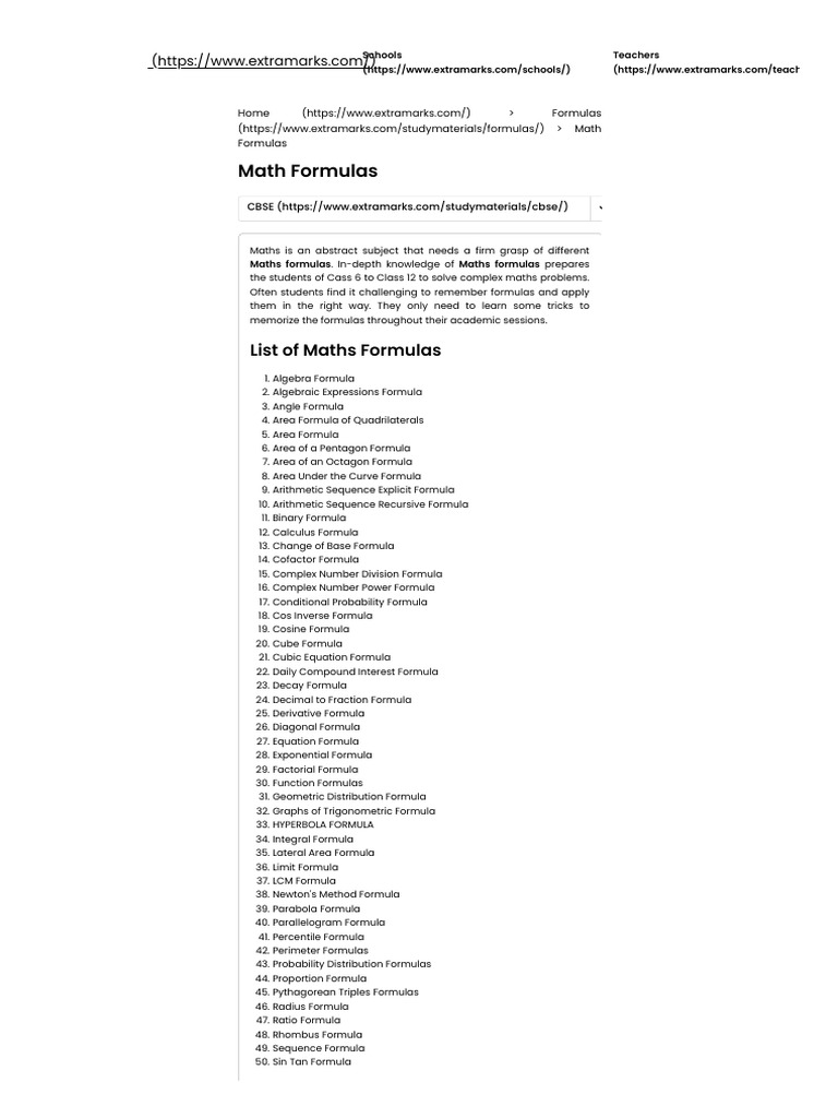 Basic Maths Formulas For CBSE Class 6 To Class 12 With PDFs | PDF ...