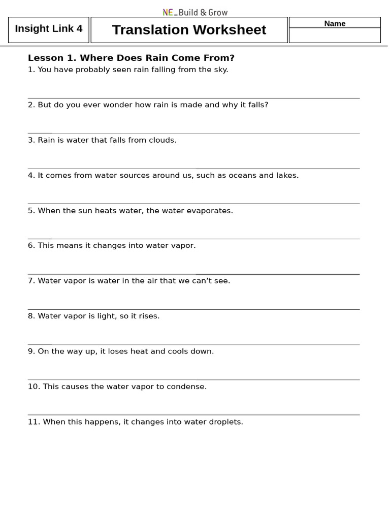 Insight Link 4 - Translation Worksheet - WORD | PDF | Water | Water Vapor