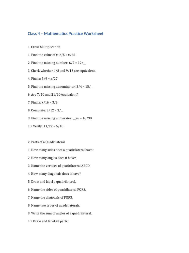 Class 4 Maths Practice Worksheet | PDF | Angle | Rectangle