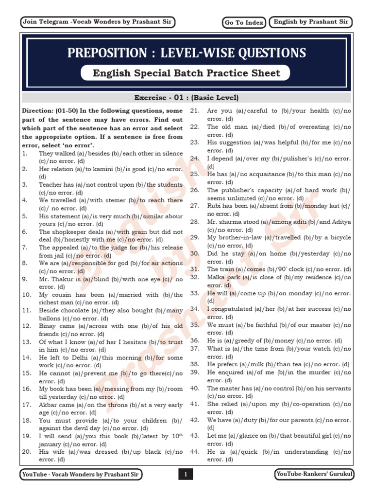 Preposition (Basic Level Practice Sheet) | PDF