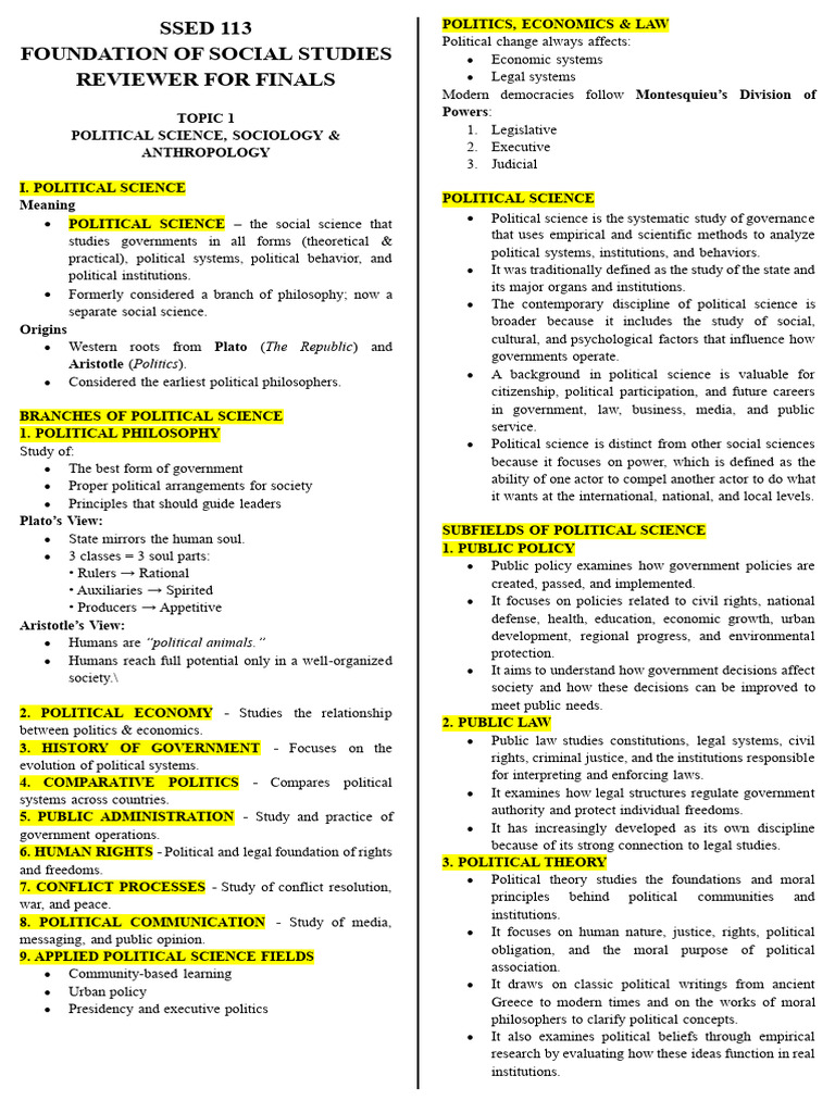 SSED 113 - REVIEWER FINALS | PDF | Political Science | Science