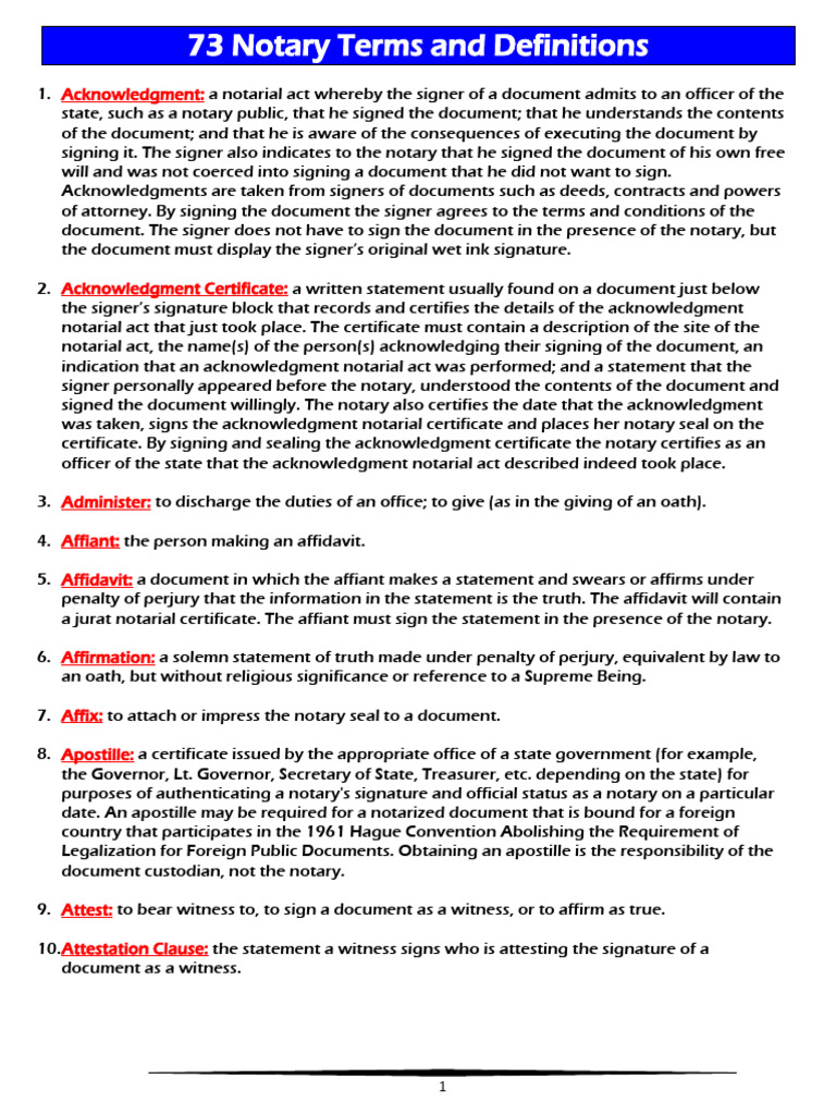 Notary Terms and Definitions | PDF | Affidavit | Notary Public