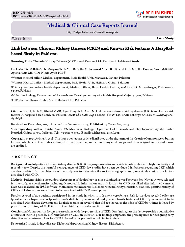 Link Between Chronic Kidney Disease (CKD) and Known Risk Factors: A ...