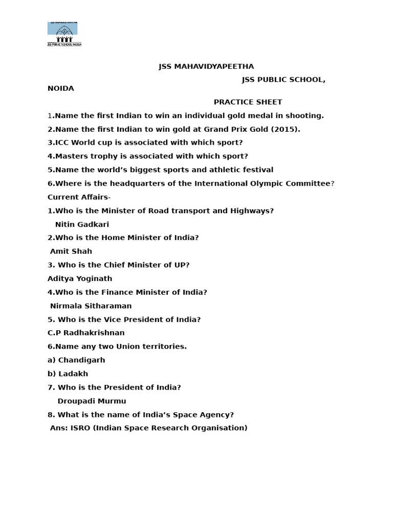Gk Practice Sheet | PDF