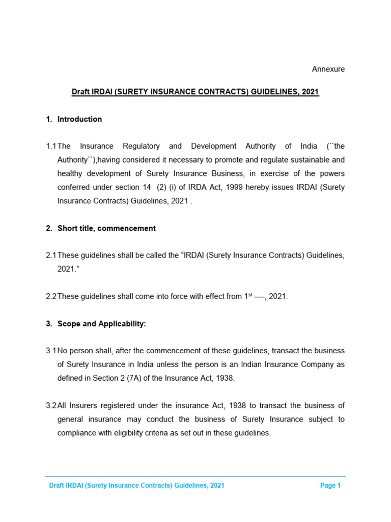 Sept9 Draft Guidelines On Surety Insurance - For Consultation 080921 ...