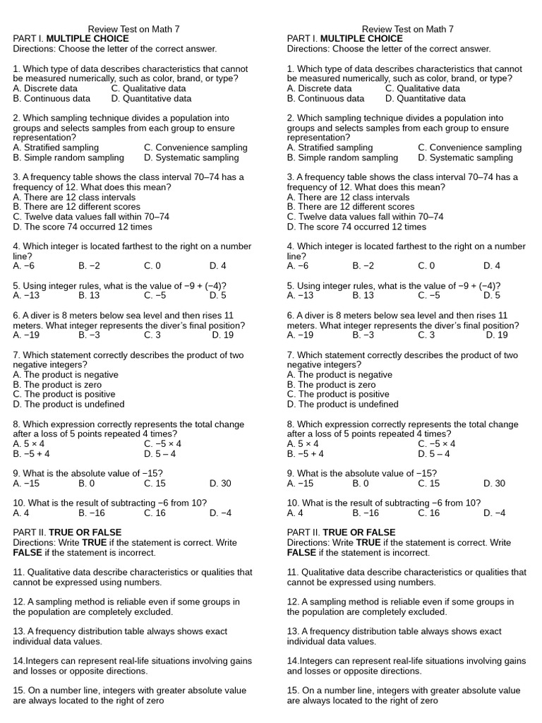 Review Test On Math 7 | PDF | Sampling (Statistics) | Numbers