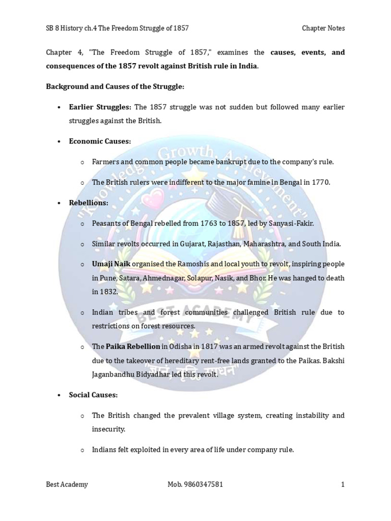 SB 8 History Ch. 4 the Freedom Struggle of 1857 Chapter Notes | PDF ...