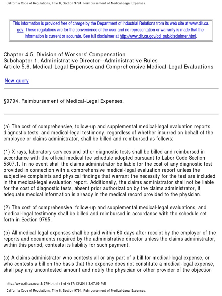 California Code of Regulations, Title 8, Section 9794. Reimbursement of ...