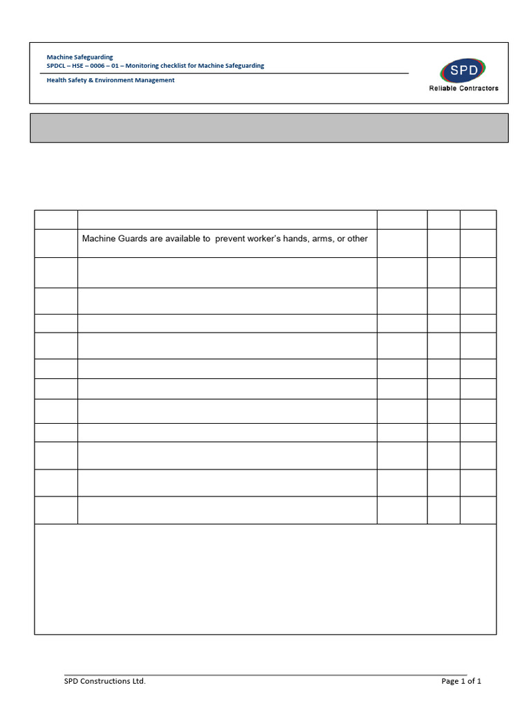 SPDCL - HSE - 0006 - 01 - Monitoring Checklist For Machine Safeguarding ...