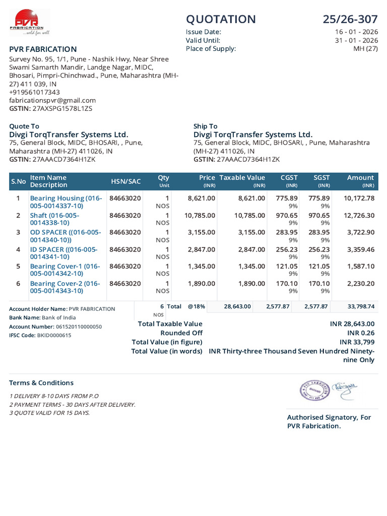 PVR Quotation Bearing Block 06.02.26 | PDF