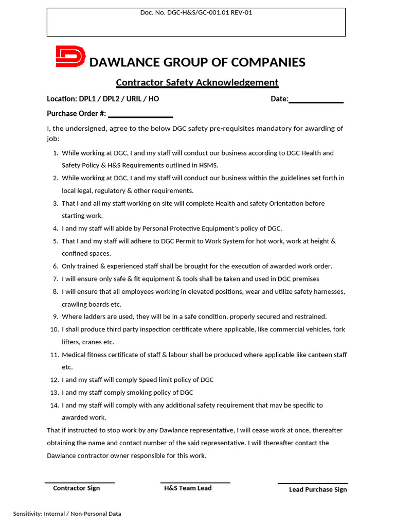 Contractor Safety Acknowledgement Form | PDF | Chess Theory