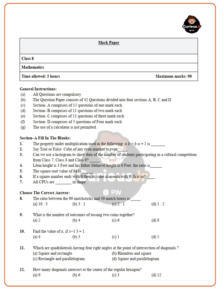 Class 8 Mathematics - Sample Paper (Old NCERT) | PDF | Elementary ...