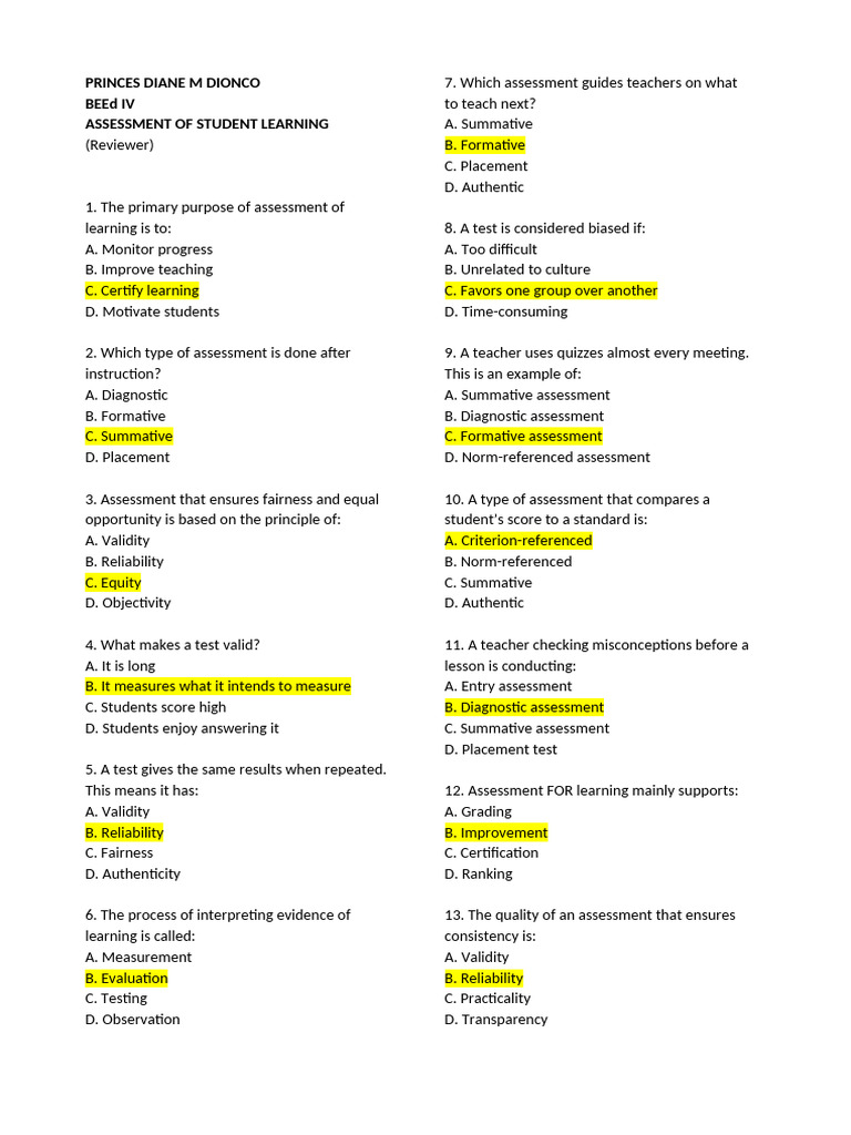 Topic 13 Assessment of Student Learning Dionco | PDF | Educational ...