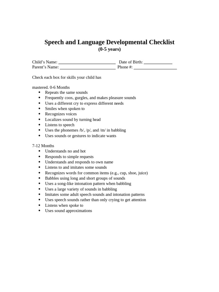 Speechand Language Developmental Checklist | PDF | Speech | Word