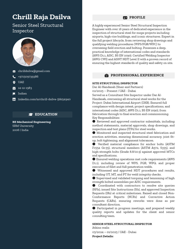 Chrill Raja Dsilva CV Senior Steel Structural Inspection Engineer | PDF ...