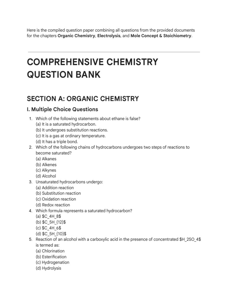 Chemistry Question Bank Compilation CH 4,5,8 | PDF | Anode | Alkane