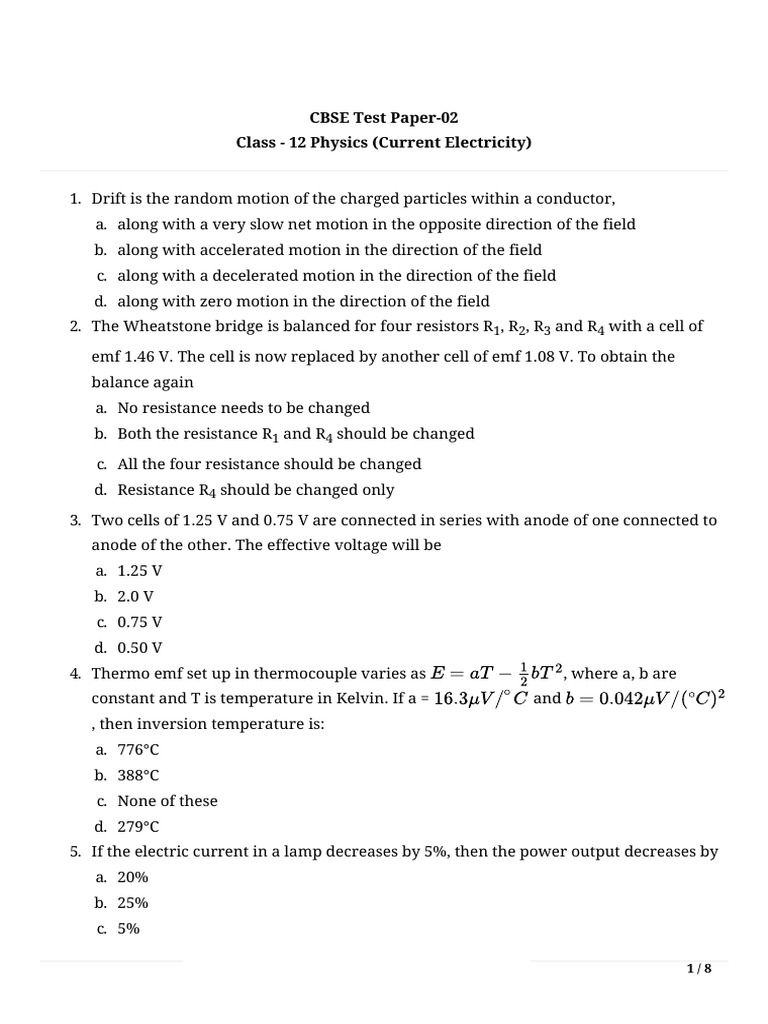 CurrentElectricity Paper 02 | PDF | Electrical Resistivity And ...