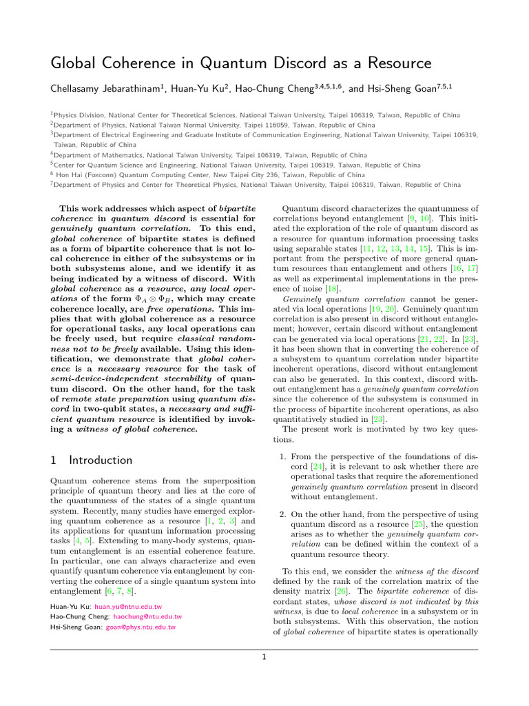 Global Coherence in Quantum Discord As A Resource | PDF | Quantum ...