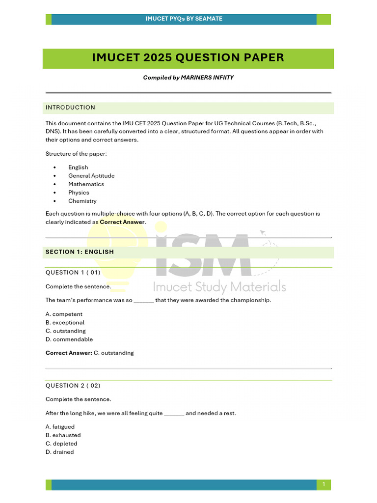 Imucet 2025 Question Paper Mariners Infinity | PDF | Rectifier | Diode