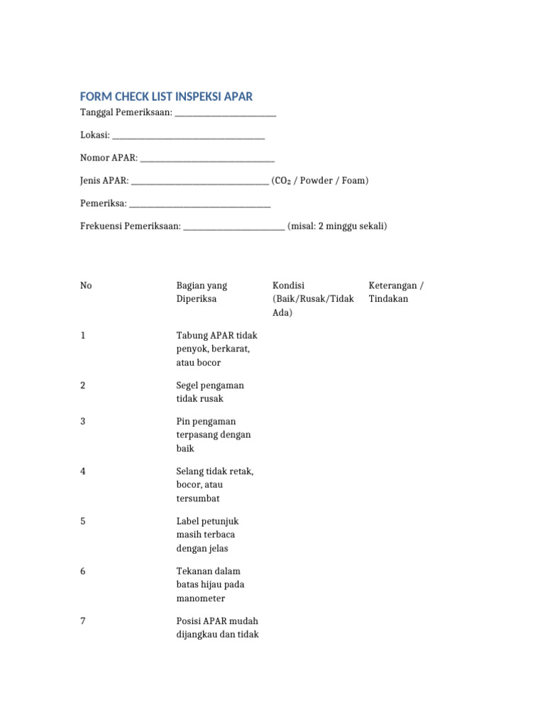 Form Checklist Inspeksi APAR Editable | PDF