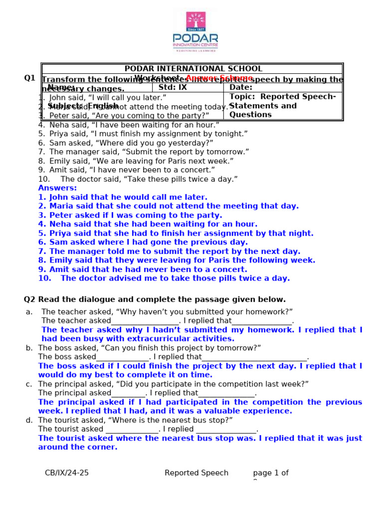 As WS CB IX Eng Reported Speech-Statements and Questions | PDF | Chess ...