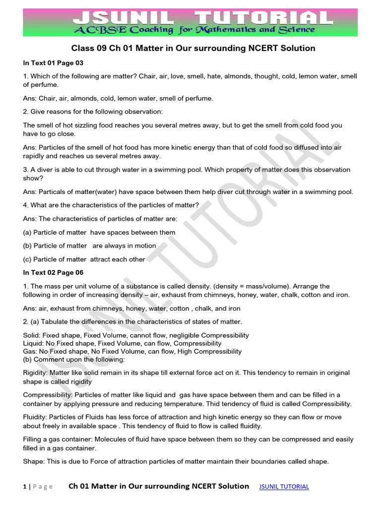 Class 09 CH 01 Matter in Our Surrounding Ncert Solution by Jsunil Sir ...