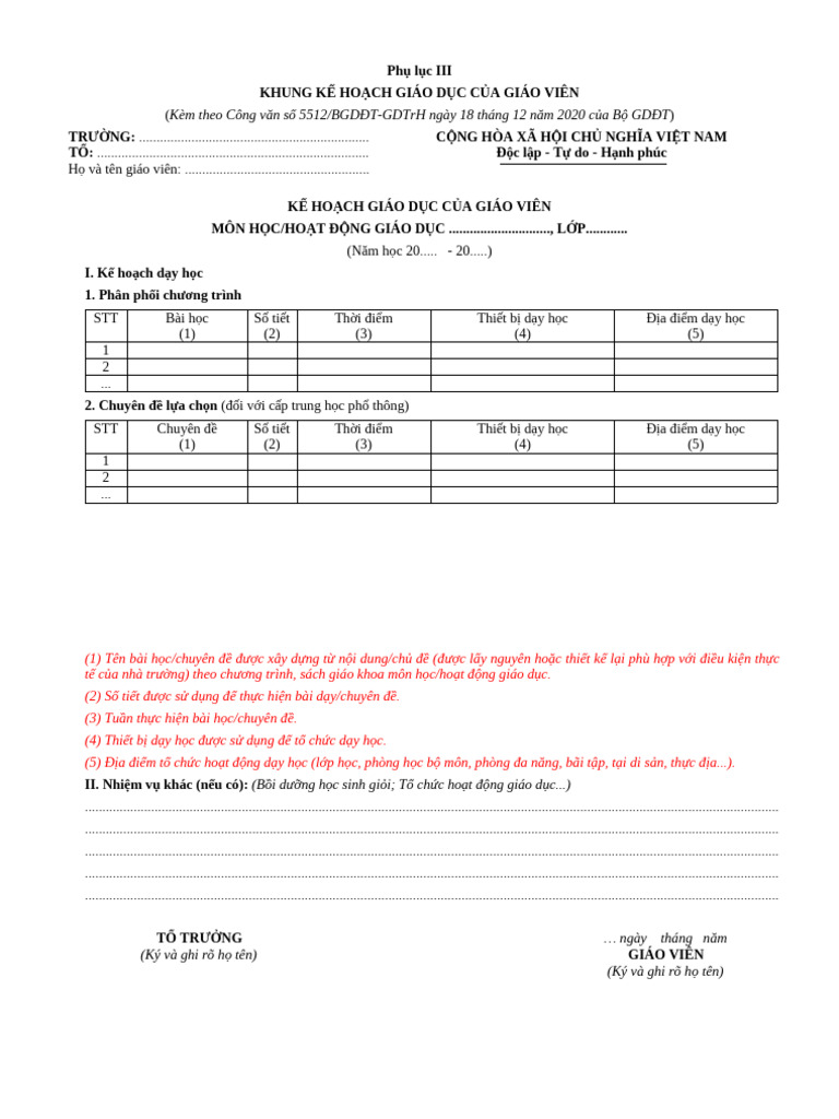 Phu Luc 3 Mau Ke Hoach Giao Duc Cua Giao Vien 202020 | PDF