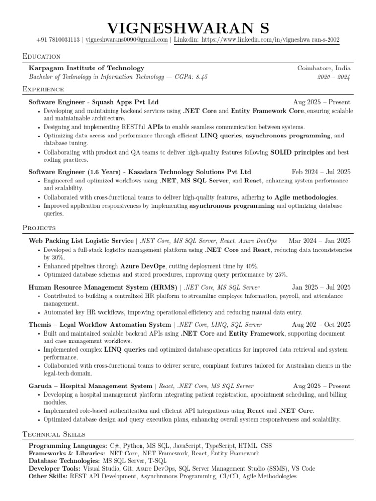 VigneshwaranS SoftwareEngineer | PDF | Microsoft Sql Server | Language ...