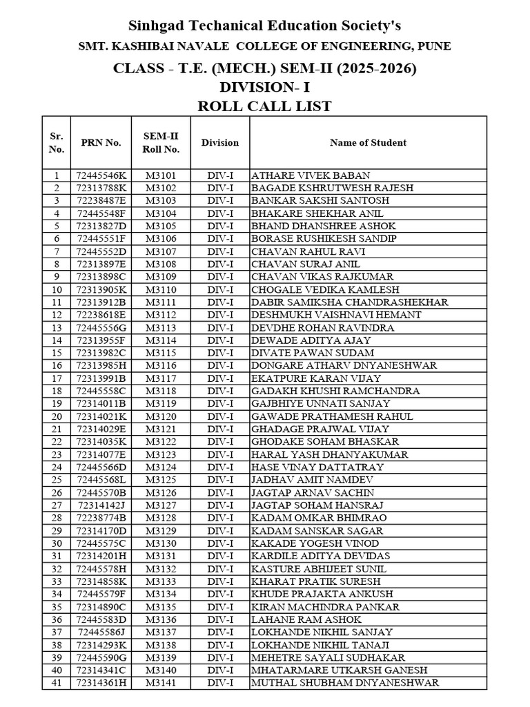 TE-Roll Call List - 2025-26 - SEM-II | PDF