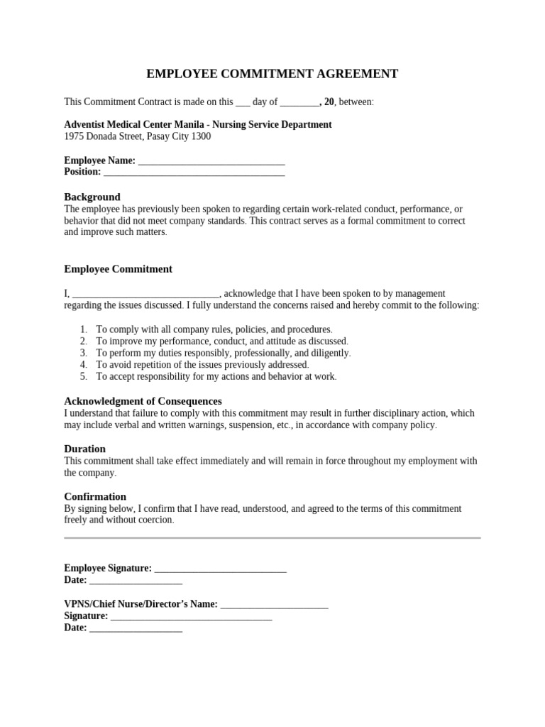 Employee Commitment Contract NSD | PDF