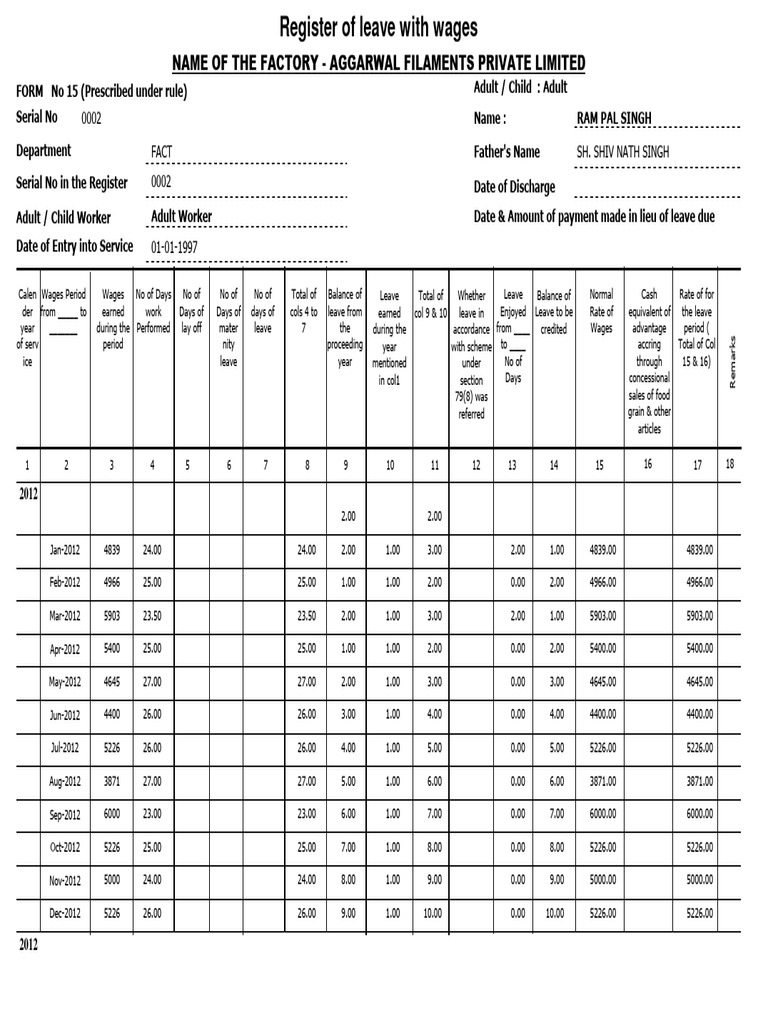 Form No 15 Leave With Wages Register | PDF | Employment Compensation