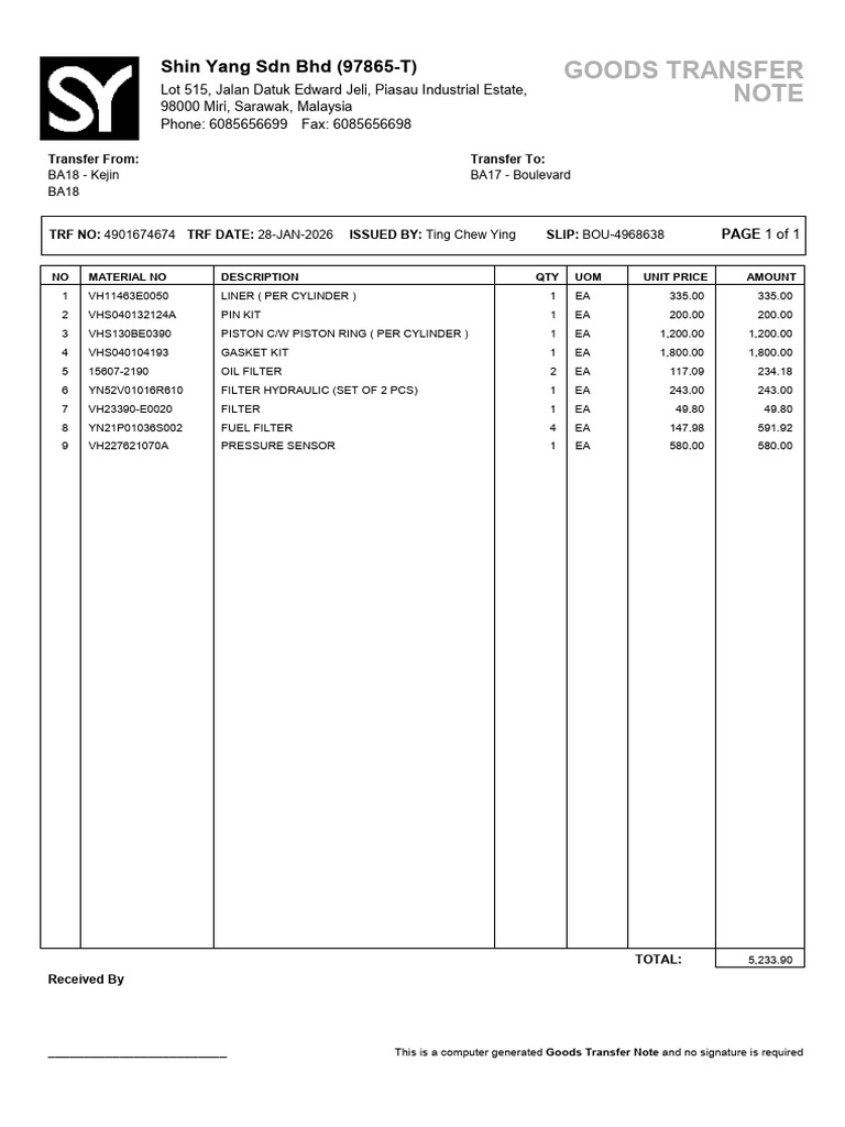 Goods Transfer Note: Shin Yang SDN BHD (97865-T) | PDF