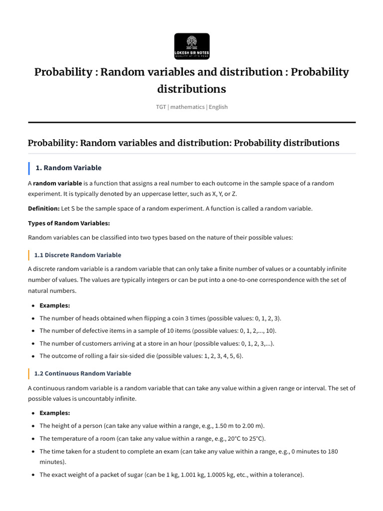 Probability - Random Variables and Distribution - Probability... | PDF