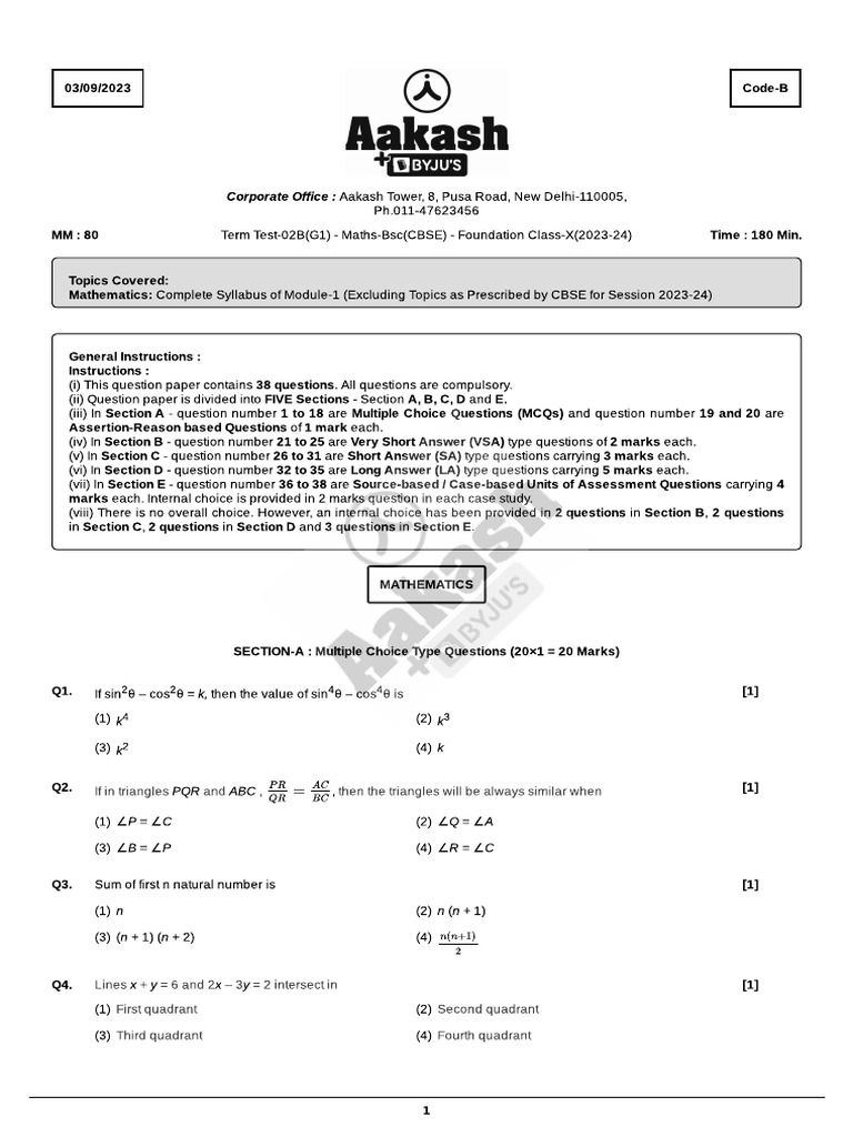 Term Test-2B (CBSE_G-1) Maths-Basic (C-10) (03-09-2023) | PDF