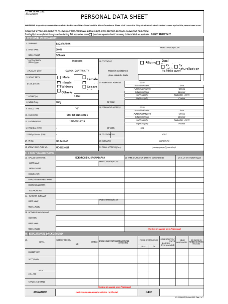 CS Form No. 212 Revised 2025 - Personal Data Sheet | PDF | Government ...