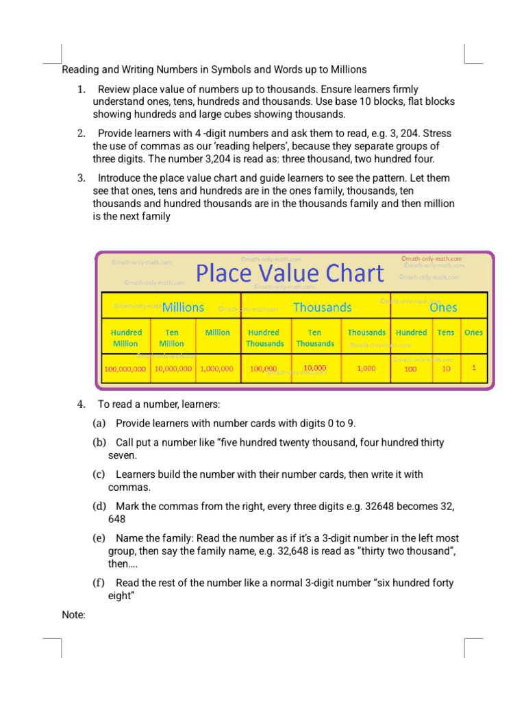 Reading and Writing Numbers in Symbols and Words Up To Millions | PDF
