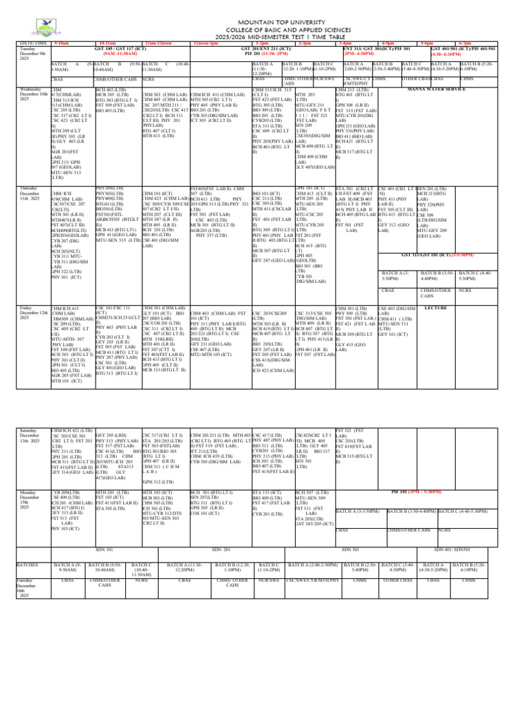 Cbas 2025-2026 Mid Semester Test 1 Time Table Second Draft | PDF