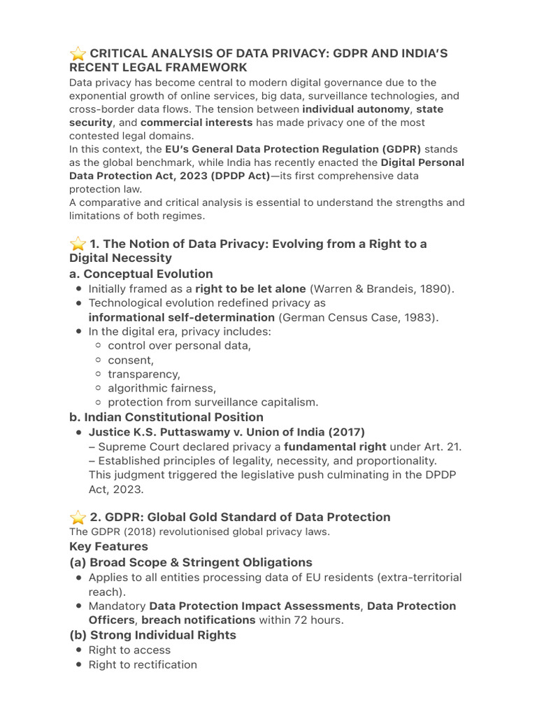 Critical Analysis of Data Privacy: GDPR and India's Recent Legal | PDF ...