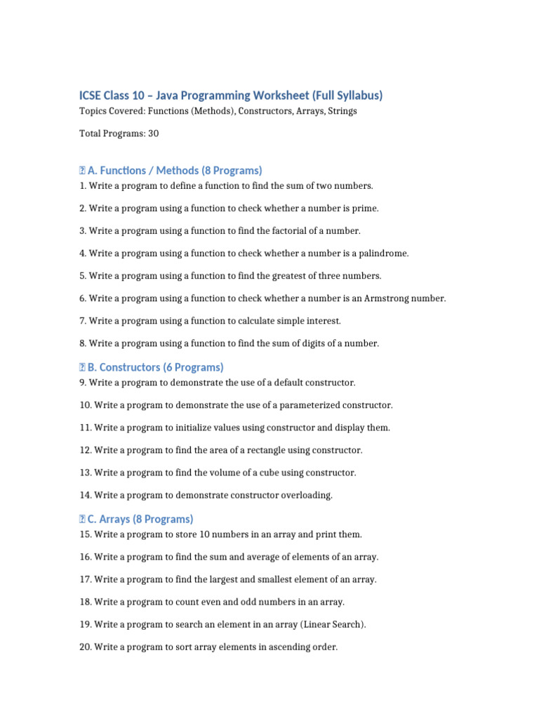 ICSE Class 10 Java Full Syllabus Worksheet 30 Programs | PDF
